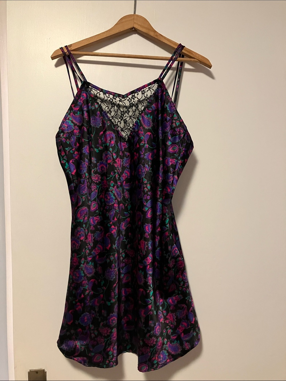 Vintage Floral Satin Chemise with Lace Trim - Black & Purple Paisley- Very 90